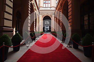 red carpet leading to the entrance of a grand building, such as a palace or cathedral