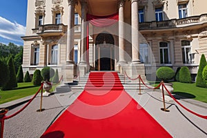 red carpet leading to the entrance of a grand building, such as a palace or cathedral