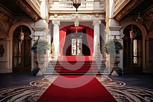 a red carpet leading to a grand building entrance