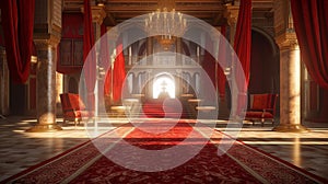Red carpet leading to a king thrones inside. Generative AI