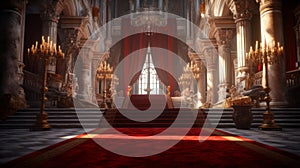 Red carpet leading to a king thrones inside. Generative AI