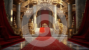 Red carpet leading to a king thrones inside. Generative AI