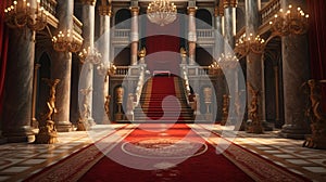 Red carpet leading to a king thrones inside. Generative AI