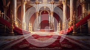 Red carpet leading to a king thrones inside. Generative AI