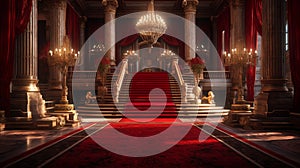 Red carpet leading to a king thrones inside. Generative AI