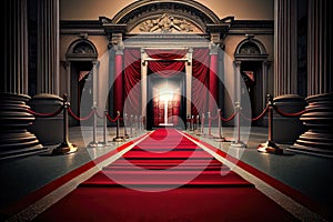 a red carpet leading up to the entrance of a grand building, such as a theater or museum.