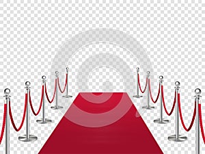 Red carpet with metal column guard isolated on transparent background. Entertainment, festival event, reward ceremony