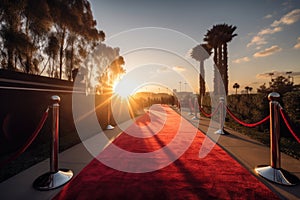 red carpet at outdoor event, with view of the setting sun in the background