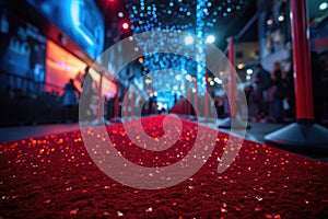 The red carpet at a premiere event, sparkling under glamorous lights with a crowd of spectators on the side, evokes