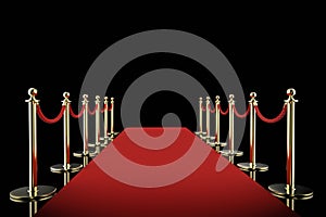 Red carpet with rope barrier on black background