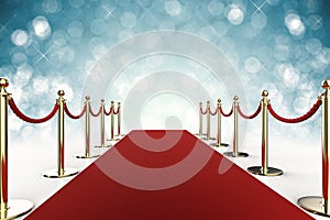 Red carpet with rope barrier on blue background