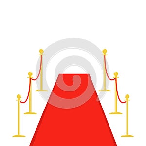 Red carpet and rope barrier golden stanchions turnstile template White background. Flat design
