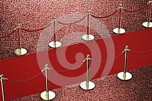 Red carpet with rope barrier on red background