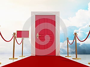 Red carpet and rope barriers leading to the door with blue sky and clouds background. 3D illustration
