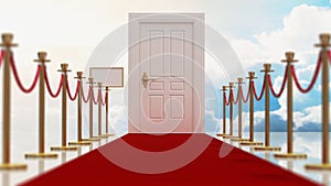 Red carpet and rope barriers leading to the door with blue sky and clouds background. 3D illustration