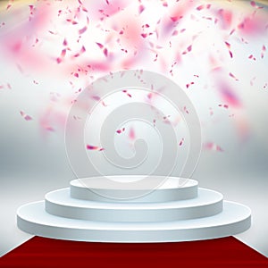 Red carpet and round podium with lights and confetti effect, abstract background. EPS 10