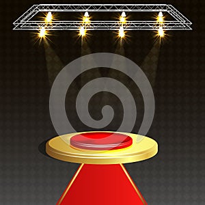 Red carpet and round podium with lights effect, abstract background,