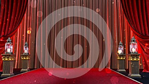 red carpet with shiny lantern leading to a red curtain background,