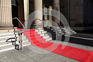 Red carpet, staircase, celebrity hotel or theater entrance
