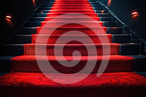 Red carpet on the stairs on a dark background. The path to glory, victory and success