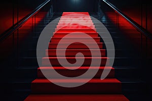 Red carpet on the stairs on a dark background. The path to glory, victory and success