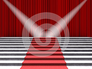 Red carpet on the stairs, lit by two spotlights on a background of red curtains