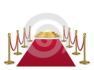 Red carpet with stanchions leading to golden podium. Award hall of fame vector illustration. Ceremony Hollywood movies