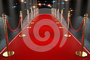 Red carpet for the stars, with gold stands and paparazzi flashes. Pop star concept, reception, ceremony, show, VIP. Copy space, 3D