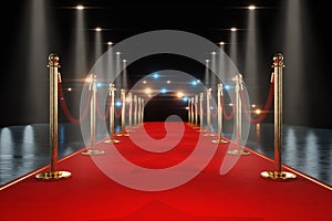 Red carpet for the stars, with gold stands and paparazzi flashes. Pop star concept, reception, ceremony, show, VIP. Copy space, 3D