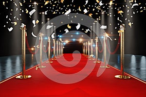 Red carpet for the stars, with gold stands and paparazzi flashes. Pop star concept, reception, ceremony, show, VIP. Copy space, 3D