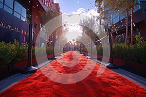 The red carpet stretches towards a setting sun, flanked by lights and greenery, ready for an evening of glitz at a high