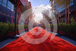 The red carpet stretches towards a setting sun, flanked by lights and greenery, ready for an evening of glitz at a high photo