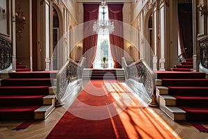 red carpet stretching through the grand foyer of an elegant mansion