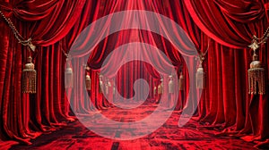 A red carpet with tassels and a curtain in the background, AI