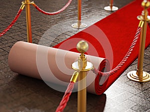 Red carpet and velvet ropes on gala night background. 3D illustration