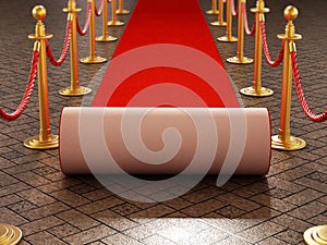 Red carpet and velvet ropes on gala night background. 3D illustration