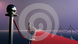 Red carpet and velvet ropes on gala night background. 3D illustration. Background