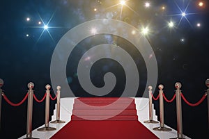 Red carpet for VIP. Flash lights in background. 3D rendered illustration