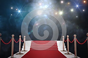 Red carpet for VIP. Flash lights in background. 3D rendered illustration