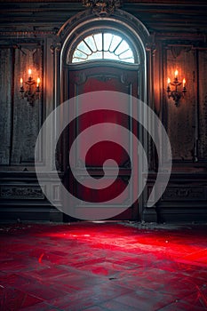A red carpeted floor with a door and window in the middle, AI photo