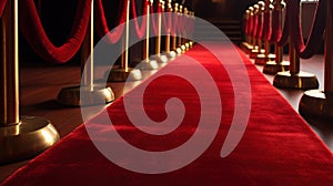 a red carpeted hallway with gold poles and red carpet