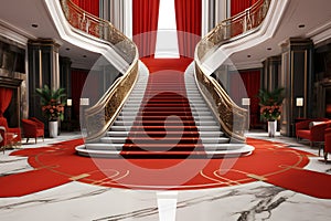 A luxurious red carpeted room with a grand staircase. AI Generated photo