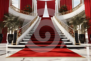 A red carpeted staircase leading to an entrance with red curtains. AI Generated
