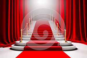 Red carpeted staircase leading to red curtained stage with red carpet. Generative AI