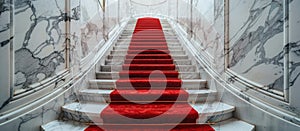 Red Carpeted Staircase Leading to White Marble Building photo