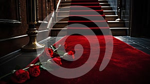 a red carpeted staircase with red roses on the floor