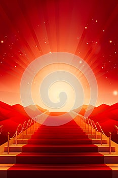 Red carpeted stairway leading to bright sun setting. Generative AI