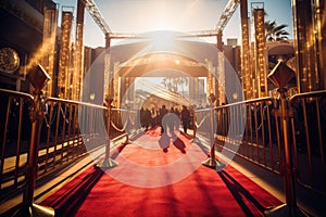 A red carpeted walkway leading to a building, creating a grand and elegant entrance, Old Hollywood glamour at a movie premiere, AI