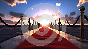 a red carpeted walkway leading to a sunset with a sky background photo