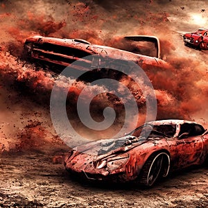 Red cars in bad condition racing through dusty arena